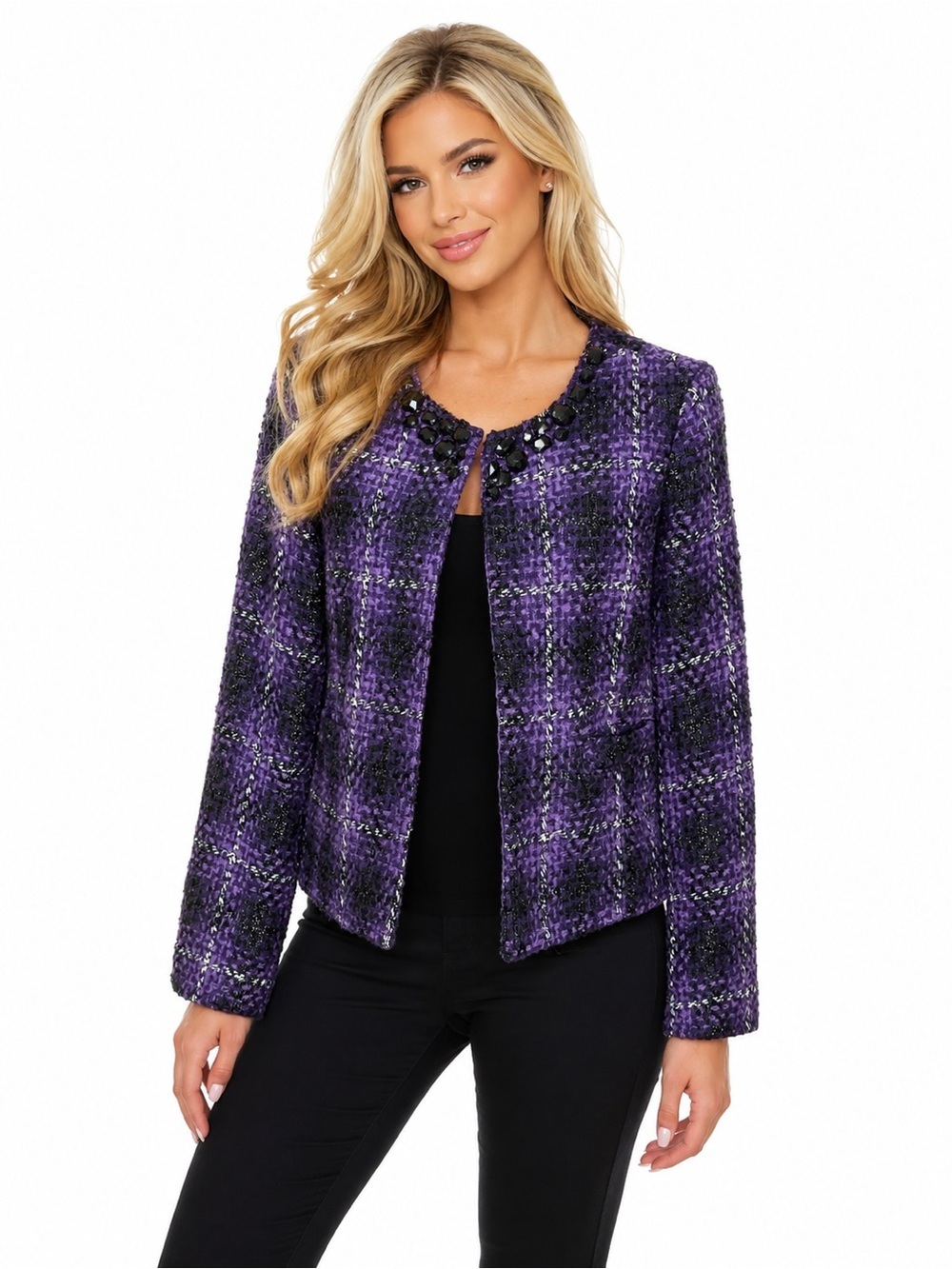 Dressbarn Purple Tweed Open Front Jacket Beaded Neck Lined Size Medium